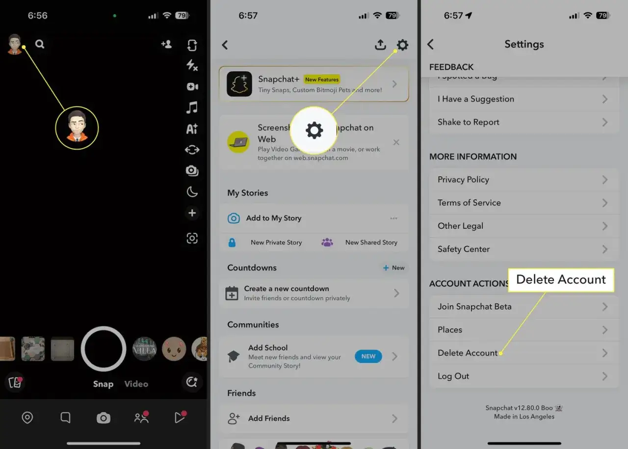Jak usunąć konto na Snapchacie? Kliknij ikonę profilu, potem ustawienia (koło zębate), a następnie 