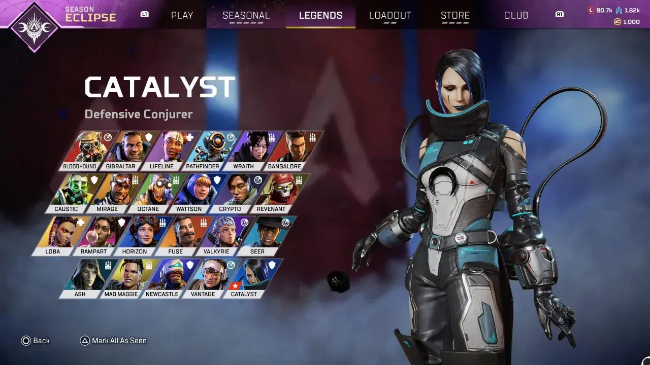 Wybierz swoją postać z Apex Legends! Catalyst, Defensive Conjurer, czeka na Ciebie obok innych legend.