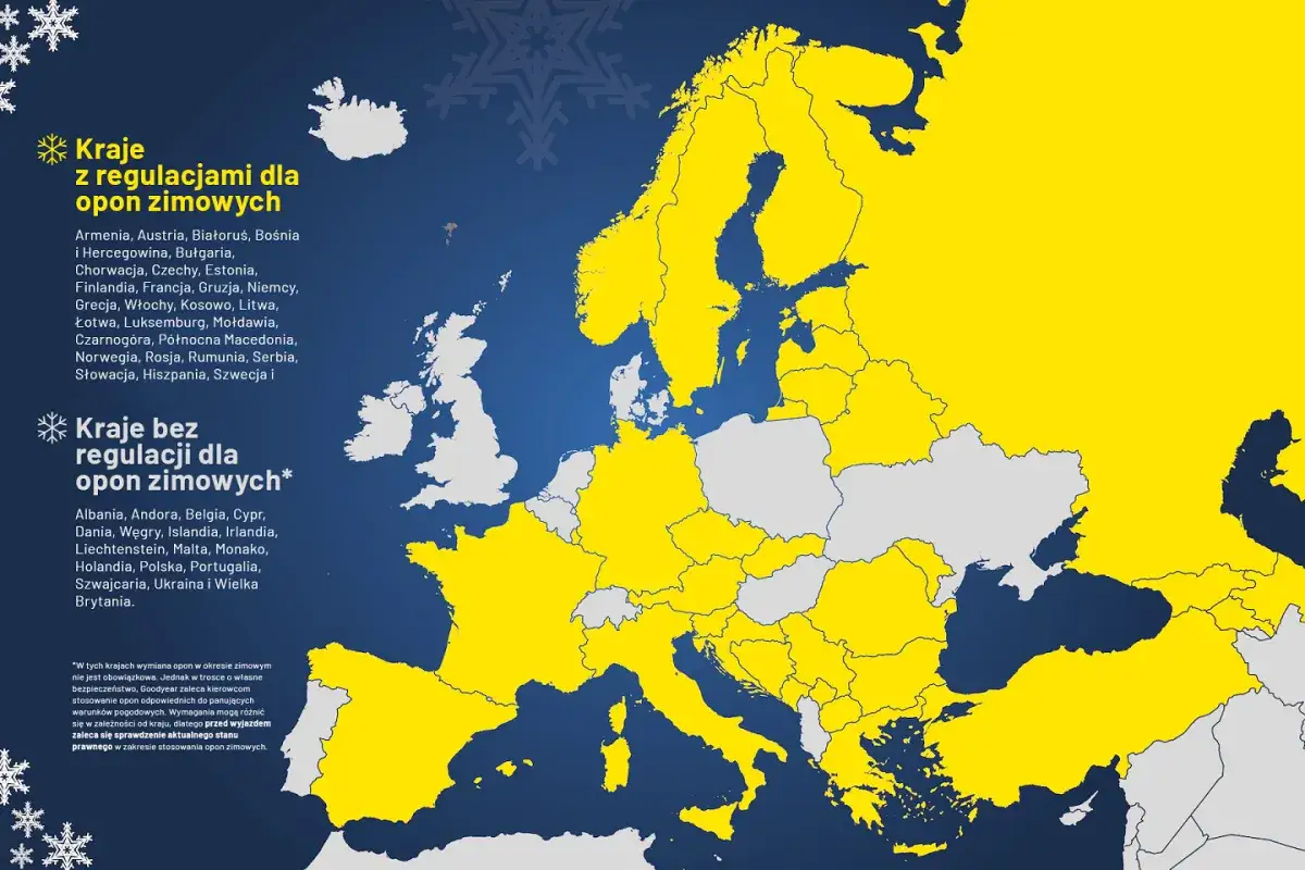 Mapa Europy obowiązek opon zimowych ciężar&oacute;wki