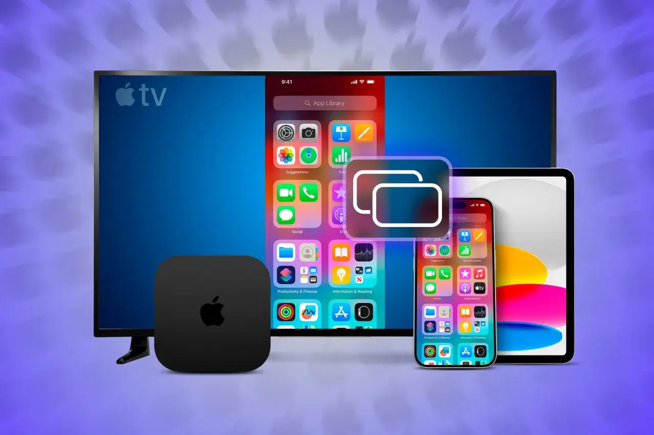Apple TV, iPhone och iPad visar appar. Airplay fr&aring;n iPhone till TV:n &auml;r m&ouml;jlig.