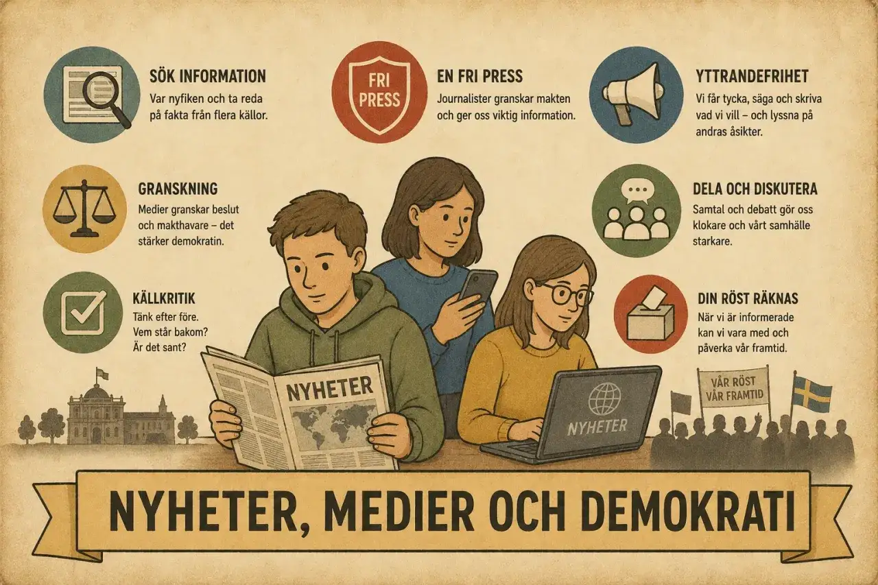 Tre unga personer engagerar sig i nyheter och demokrati. Bilden hyllar fria ordets dag och vikten av källkritik.