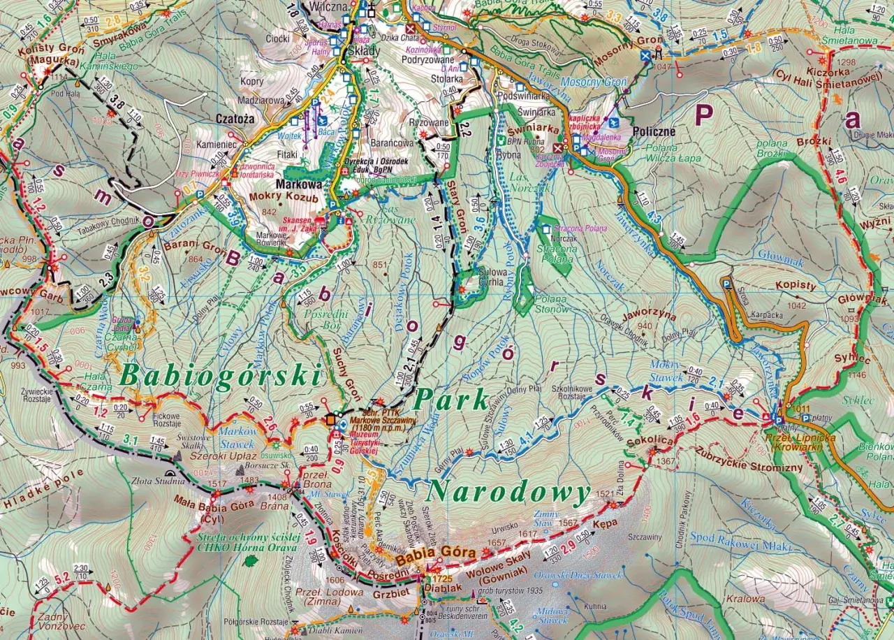 Szlak na Babiej Górze, z zaznaczonymi punktami i trasami.