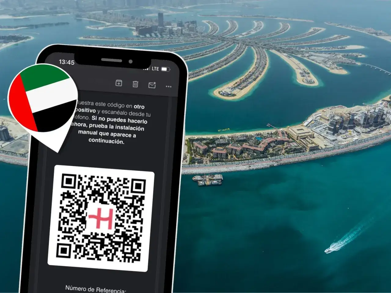 Telefon z flagą ZEA i kodem QR na tle Dubaju. Dostęp do internetu w Dubaju jest łatwy.