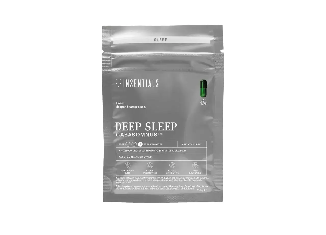 Insentials Deep Sleep-förpackning med 30 veganska kapslar, designad för att hjälpa dig att varva ner och uppnå djupare sömn.