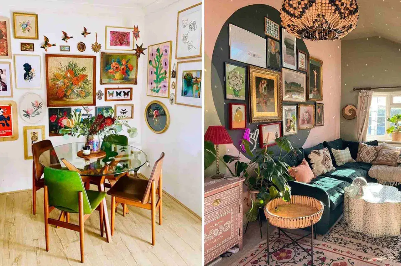 Un salon et une salle &agrave; manger d&eacute;cor&eacute;s avec une **id&eacute;e tableau cr&eacute;atif** : murs couverts de cadres, plantes luxuriantes et mobilier vintage.