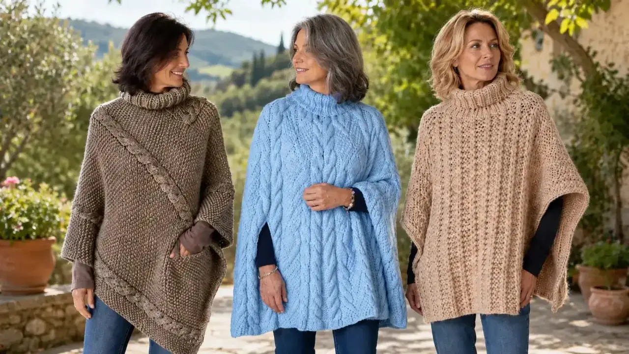 Tres mujeres lucen ponchos a dos agujas en tonos tierra y azul. Cada dise&ntilde;o es &uacute;nico, con trenzas y texturas que invitan a abrigarse con estilo.