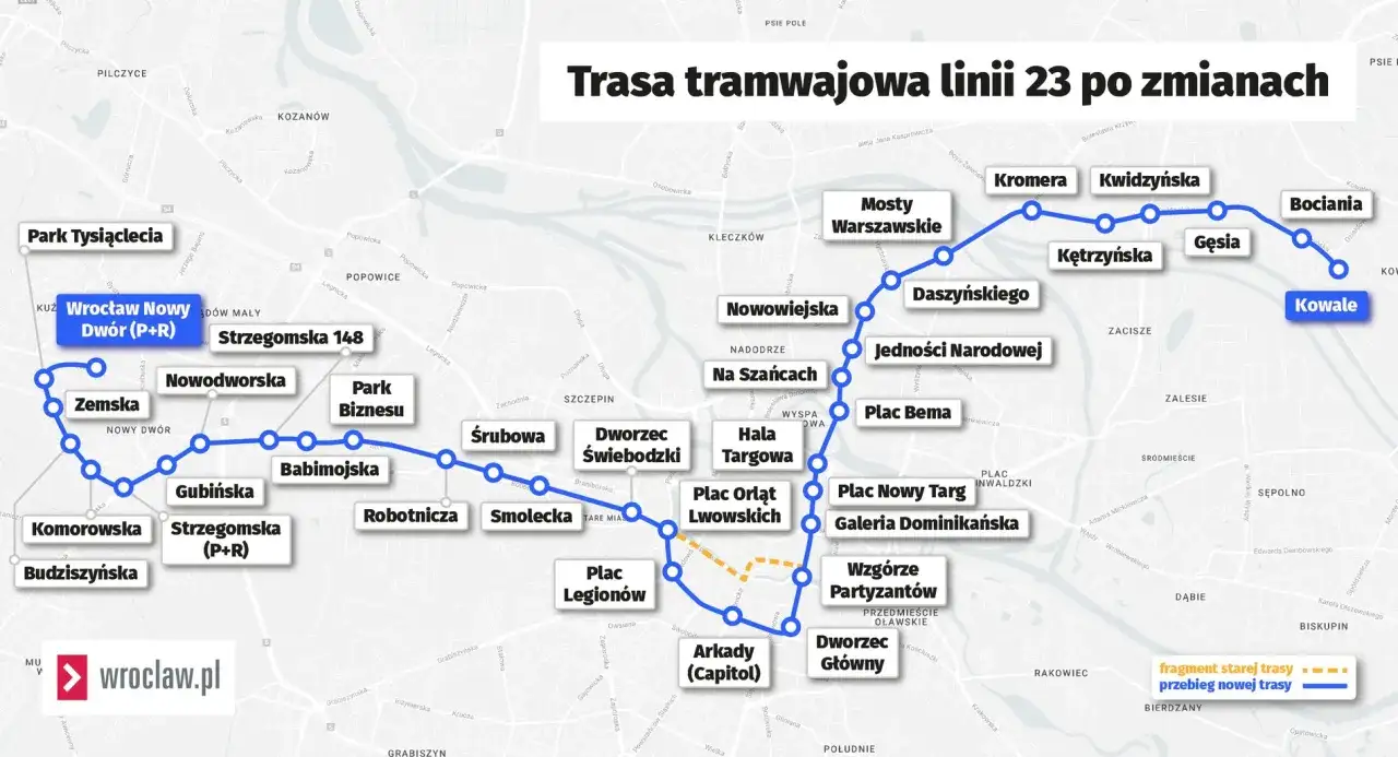 Mapa pokazuje trasę tramwaju 23 we Wrocławiu, z zaznaczonymi przystankami od Wrocław Nowy Dwór (P+R) do Kowali.