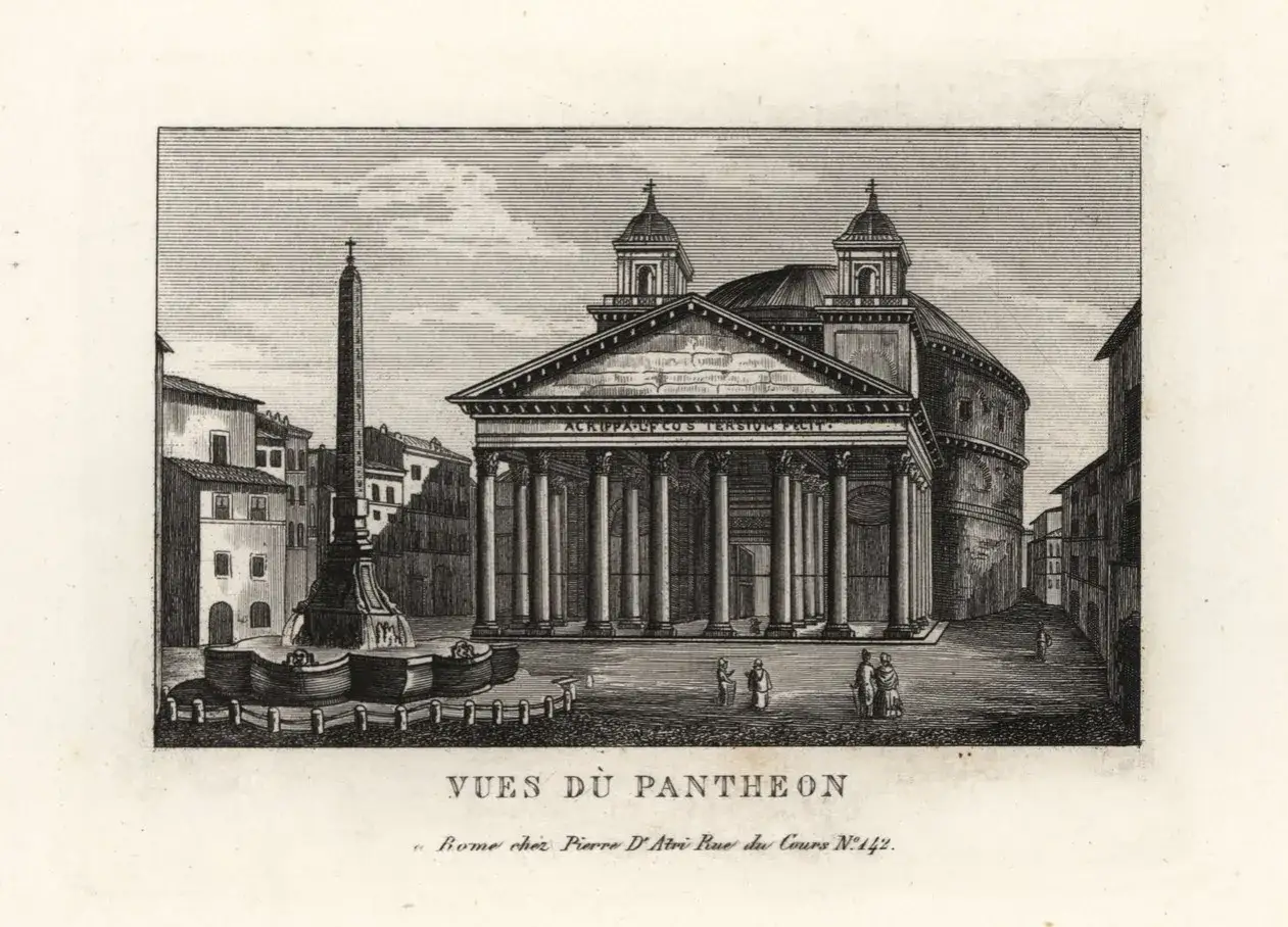 Veduta della rotonda del Pantheon con obelisco e fontana.