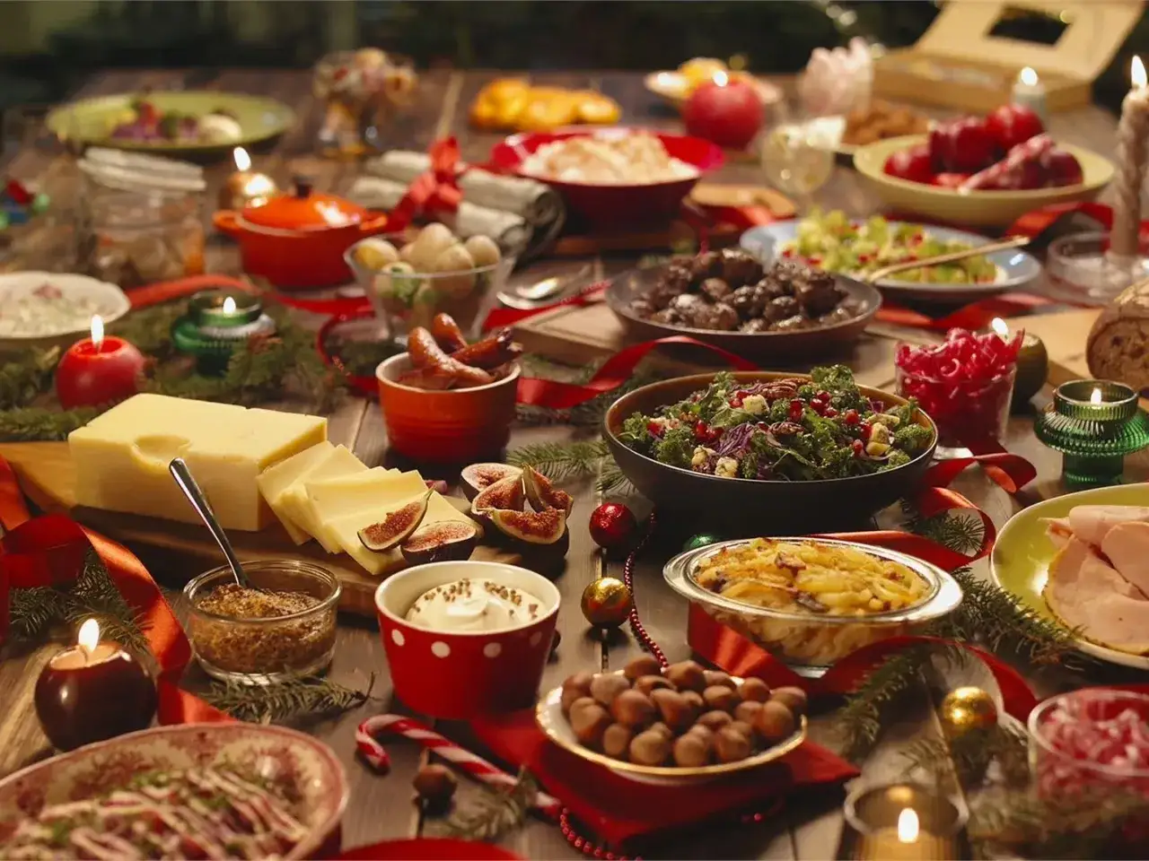 En h&auml;rlig julbuff&eacute; med ost, korvar, k&ouml;ttbullar, sallader och julgodis. Allt dukat p&aring; ett rustikt tr&auml;bord, redo f&ouml;r att avnjutas p&aring; julbordet.