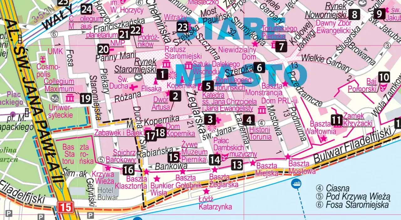 Mapa Torunia z zaznaczonymi atrakcjami, idealna na wycieczki jednodniowe z Inowrocławia.