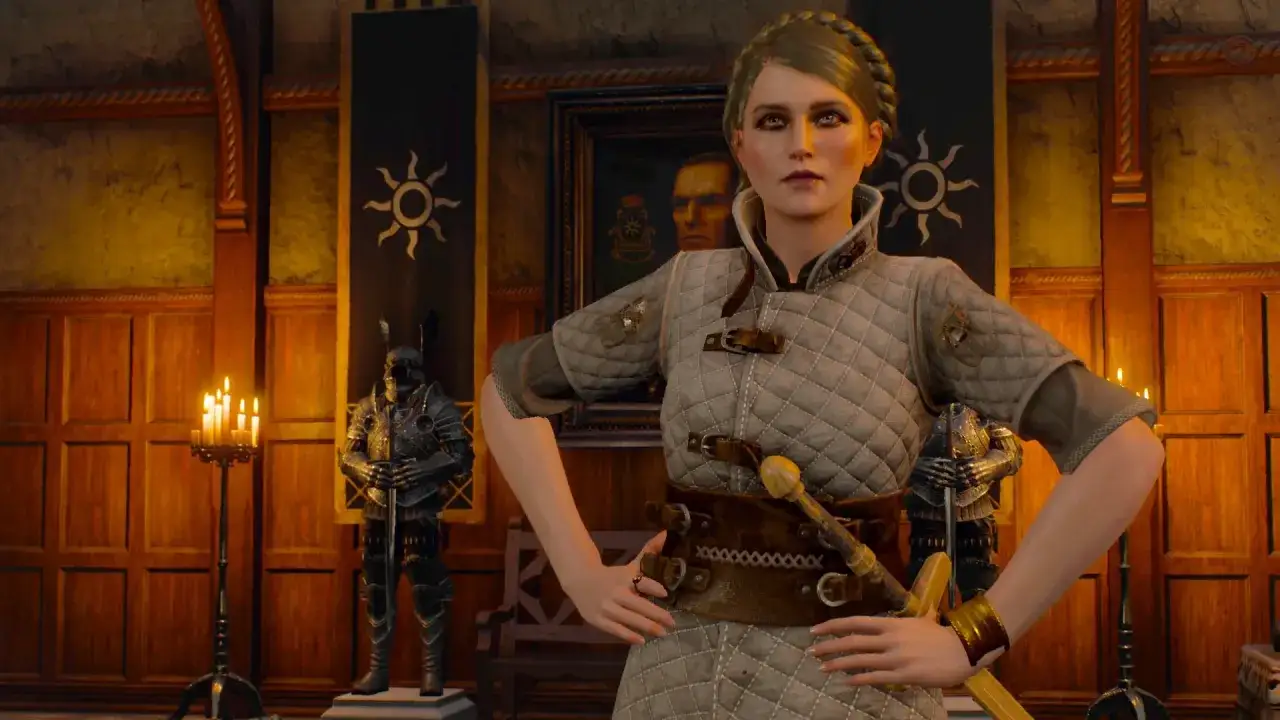 Ciri gotowa na lekcję szermierki w Wiedźmin 3. W tle zbroje i portret.