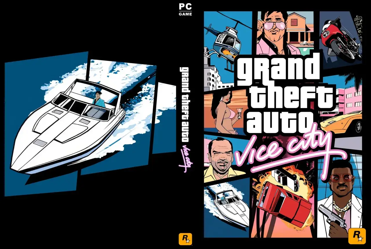Portada GTA Vice City: un hombre en lancha r&aacute;pida, un helic&oacute;ptero, un hombre con gafas de sol, una mujer con bikini, una moto, un coche en llamas y un hombre con pistola.
