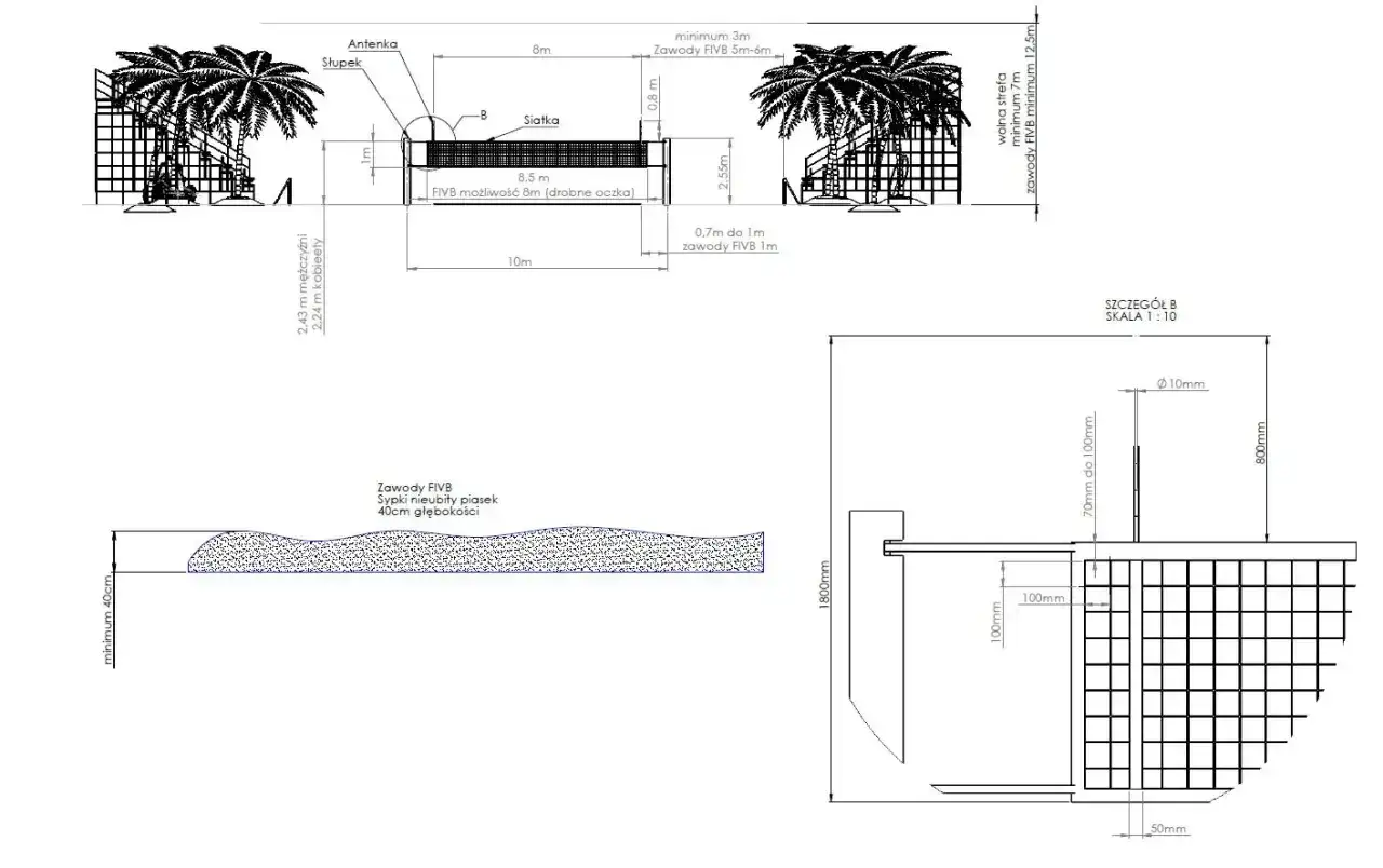 Wymiary boiska do siatk&oacute;wki plażowej: wysokość siatki męskiej 2,43m, szerokość 8m, długość 16m. Piasek 40cm głębokości.