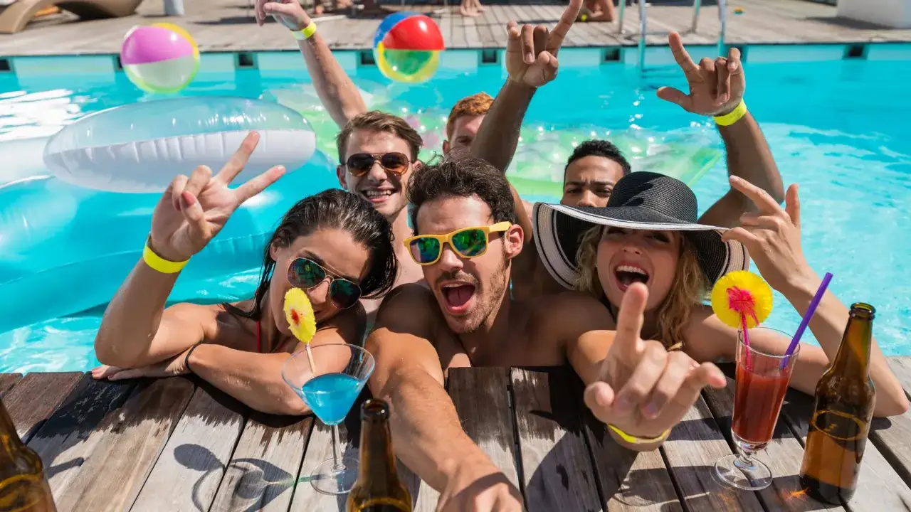 Amigos disfrutando de pool party juegos, con bebidas y flotadores. &iexcl;La diversi&oacute;n est&aacute; garantizada!