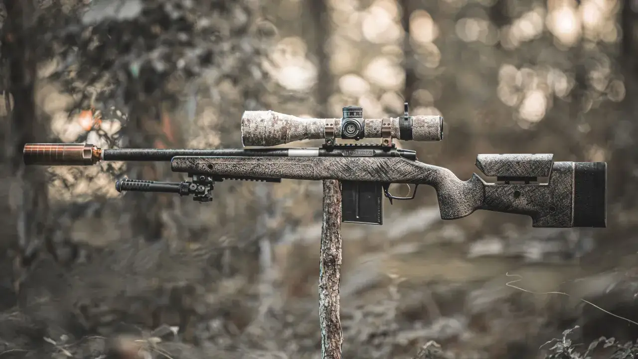 Un fusil Macmillan, pr&ecirc;t pour la chasse, avec lunette et silencieux, se dresse sur un support en bois dans un d&eacute;cor forestier.
