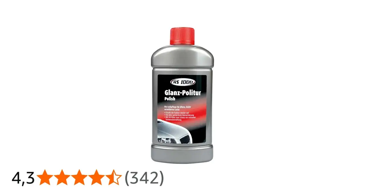 Flasche mit Glanz-Politur für die Lackpflege. Ideal, um verwitterte Lacke aufzufrischen und wetterfest zu konservieren.