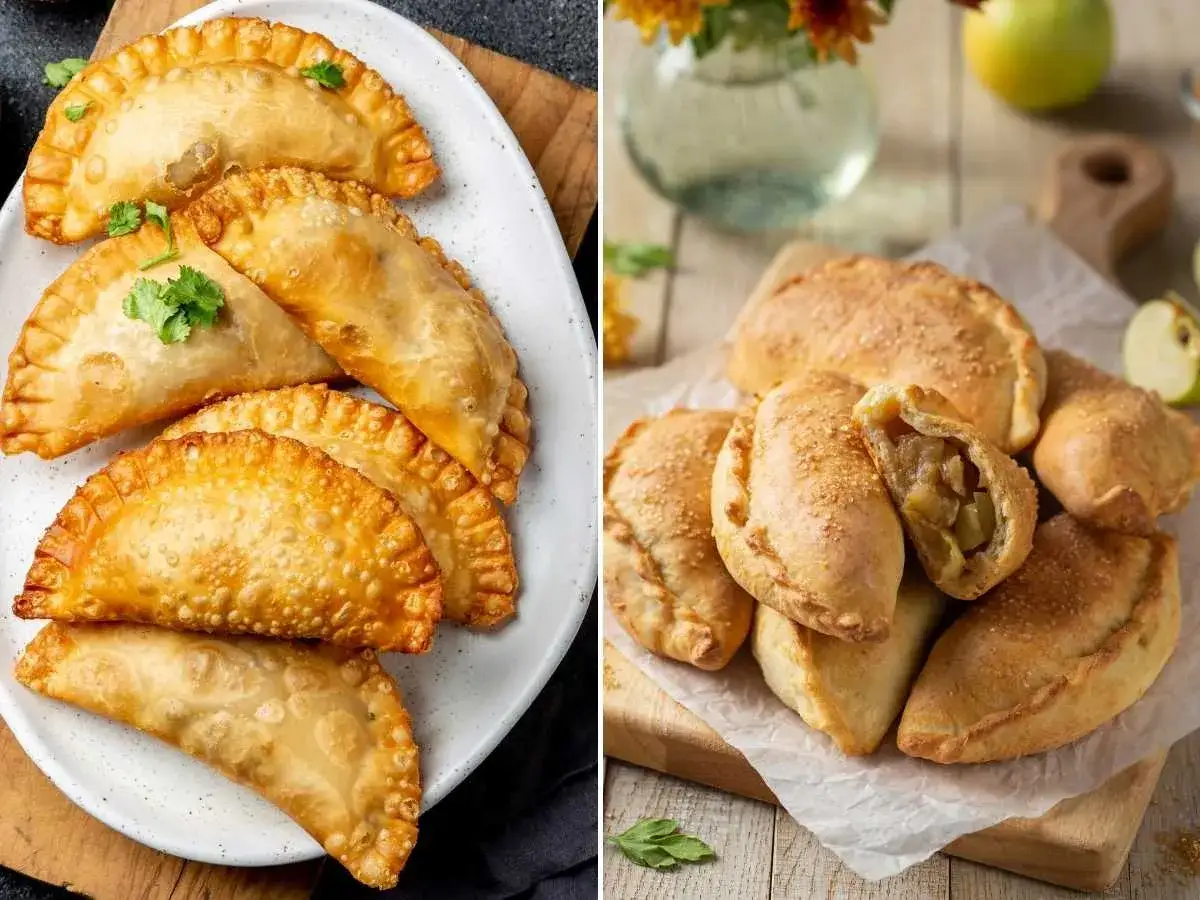Empanadillas doradas y crujientes, algunas con cilantro fresco, otras con un dulce relleno de manzana. ¡Deliciosos rellenos para empanadillas!