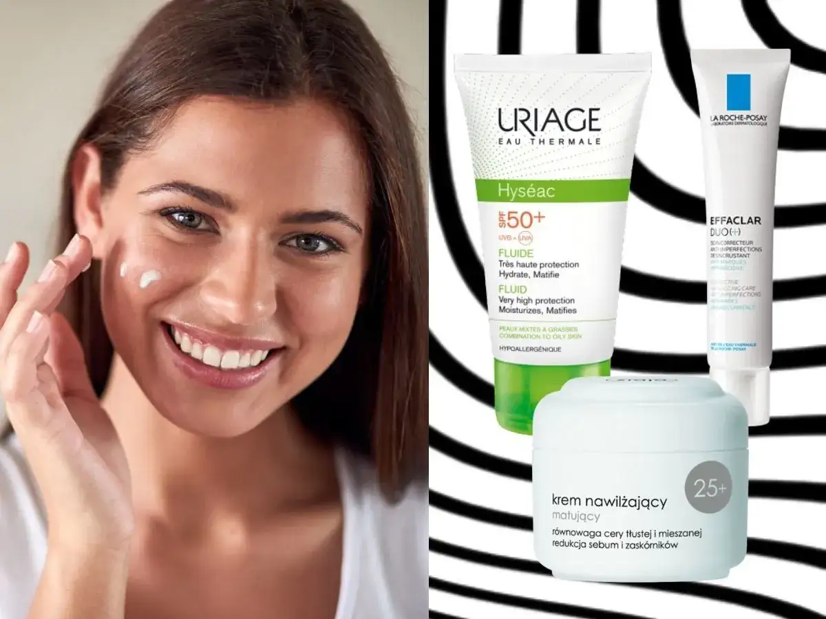 Uśmiechnięta kobieta aplikuje krem na twarz. Obok kosmetyki: Uriage Hyséac, La Roche-Posay Effaclar Duo+, krem nawilżający matujący 25+. Idealne linotormentiallae a+e dla cery.