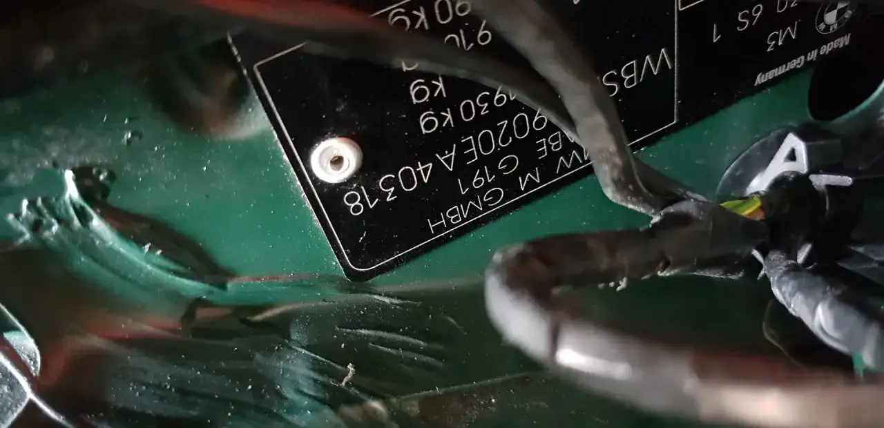 Tabliczka znamionowa BMW E49 z danymi technicznymi i numerem VIN. Zielone tło, widoczne kable.