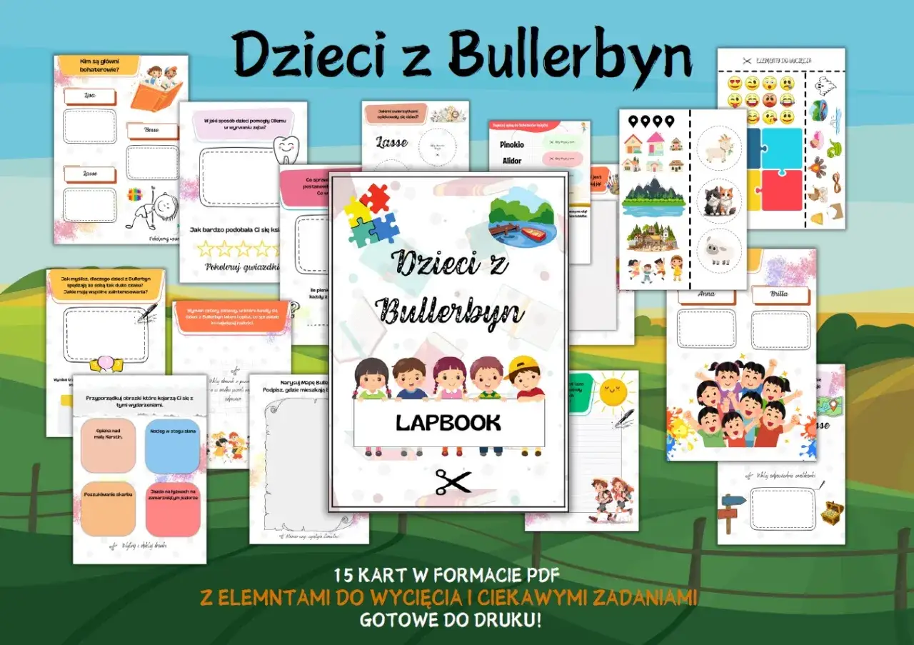 Główni bohaterowie dzieci z Bullerbyn: Lisa, Bosse, Lasse, Anna i Britta. Zestaw edukacyjny z zadaniami i elementami do wycięcia.