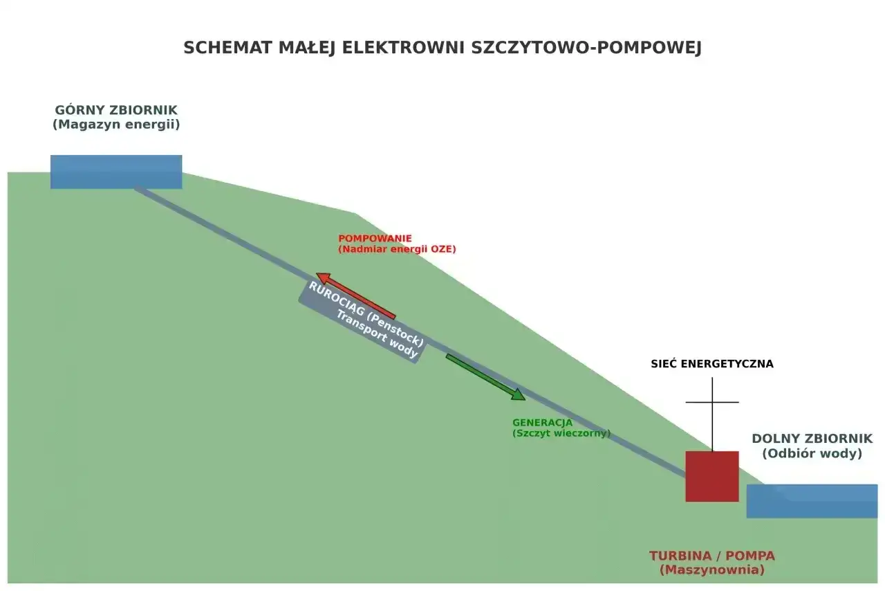 Schemat elektrowni szczytowo pompowej: górny zbiornik magazynuje energię, woda płynie rurociągiem do turbiny, a następnie do dolnego zbiornika.