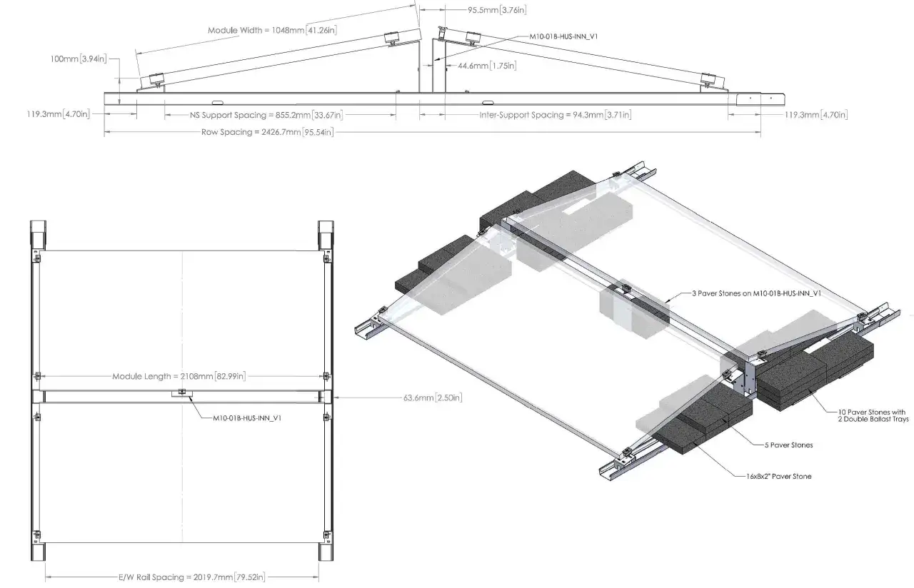 Schéma technique d'une structure de montage pour une centrale photovoltaïque, montrant les dimensions et les composants, notamment les pierres de lestage.