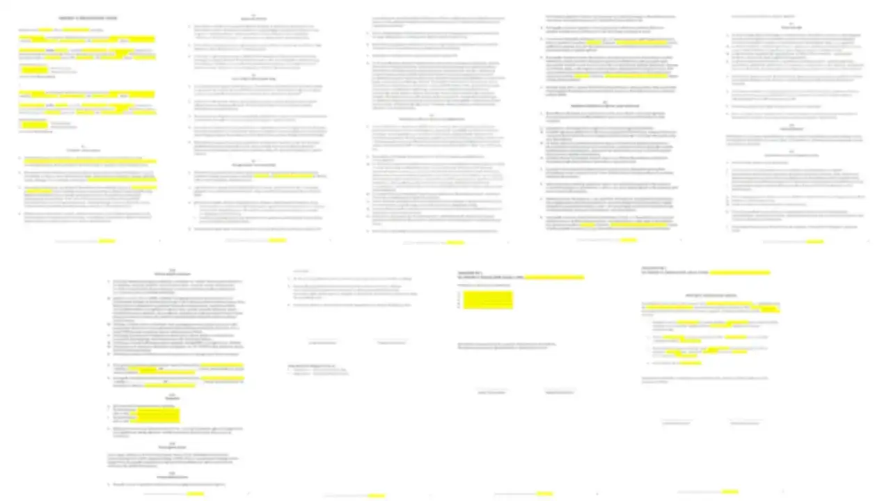 Strony dokumentu z tekstem prawniczym, zawierające fragmenty podkreślone żółtym markerem. Widoczna jest umowa o współpracę między firmami.