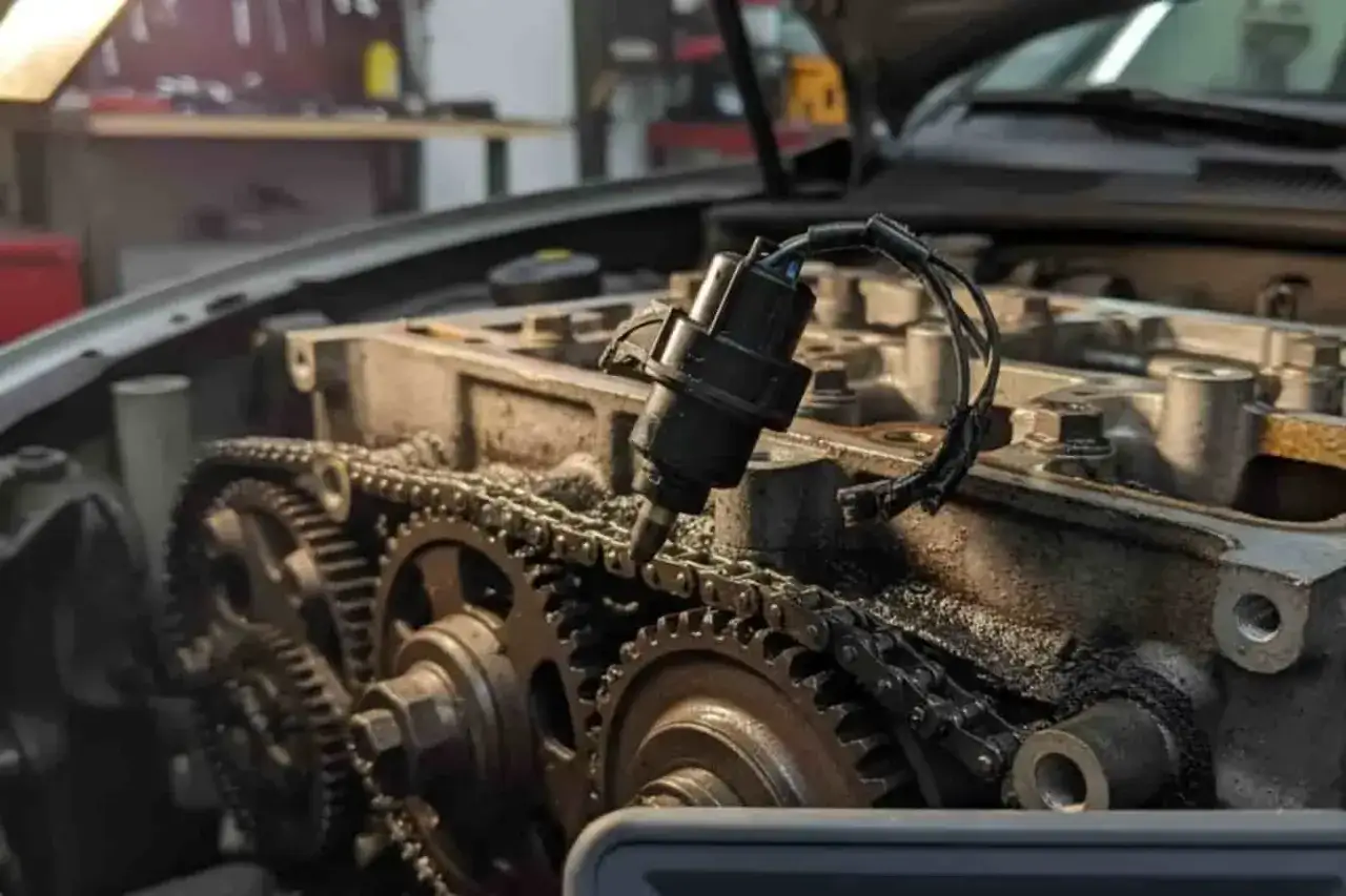 Un capteur régime moteur est visible au-dessus d'une chaîne de distribution et d'engrenages dans un moteur de voiture.