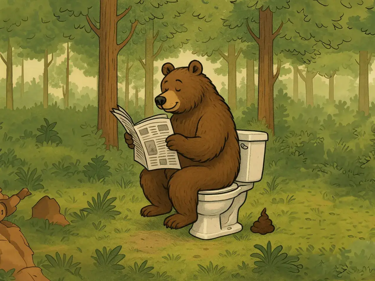 En bj&ouml;rn sitter p&aring; en toalett i skogen och l&auml;ser tidningen. Han verkar njuta av lugnet n&auml;r han g&ouml;r sitt behov, en riktig naturupplevelse att bajsa i skogen.