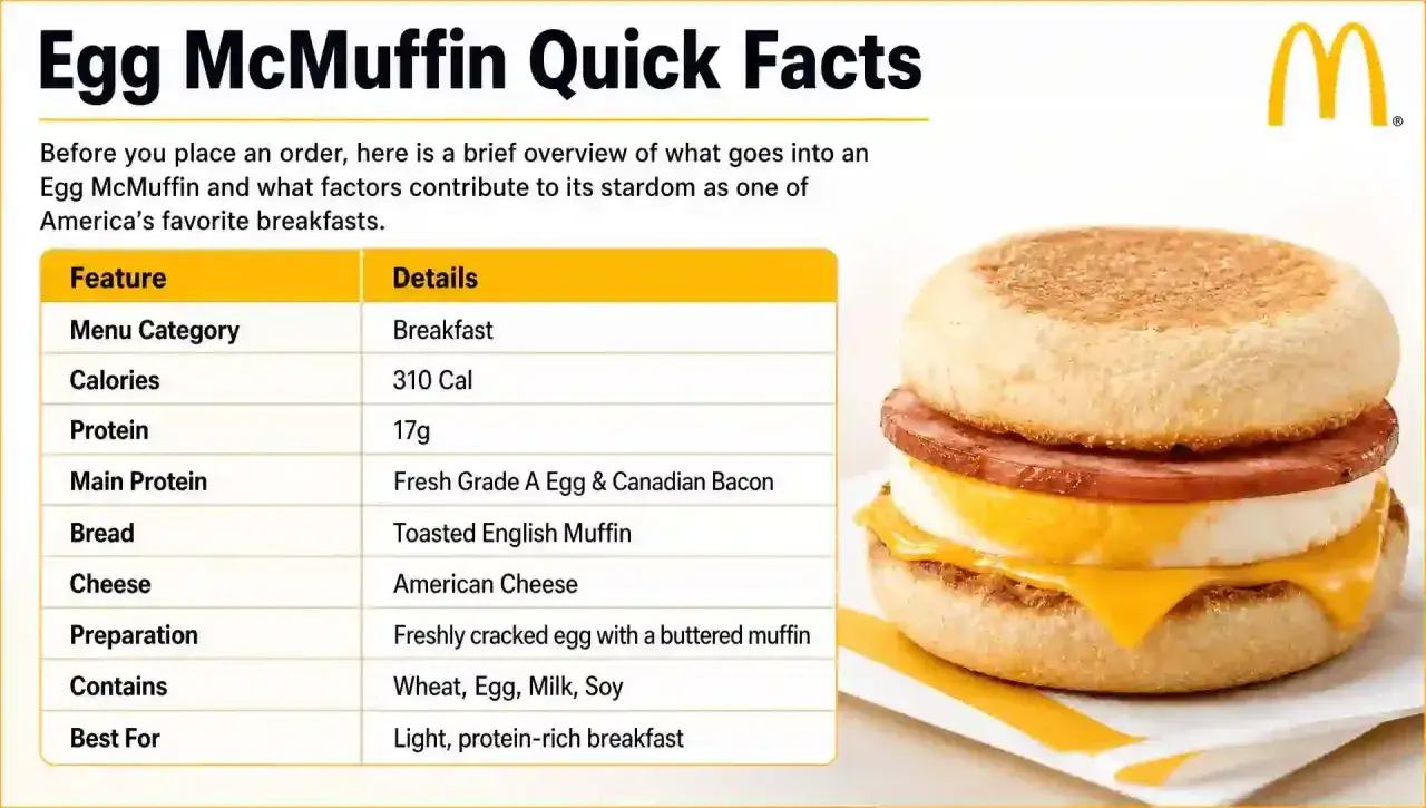 Egg McMuffin: 310 mc muffin kcal, jajko, ser, kanadyjski bekon na angielskiej bułce. Lekkie, bogate w białko śniadanie.