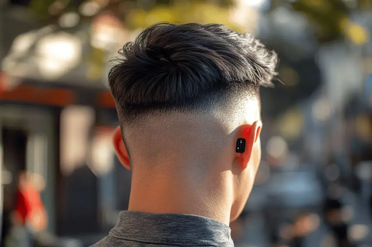 Un homme aux cheveux courts, avec une coupe dégradée, porte un écouteur noir dans son oreille.