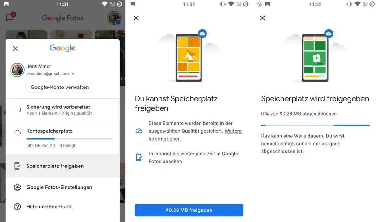 Google Fotos zeigt an, dass der Speicherplatz voll ist und bietet an, 90,28 MB freizugeben.