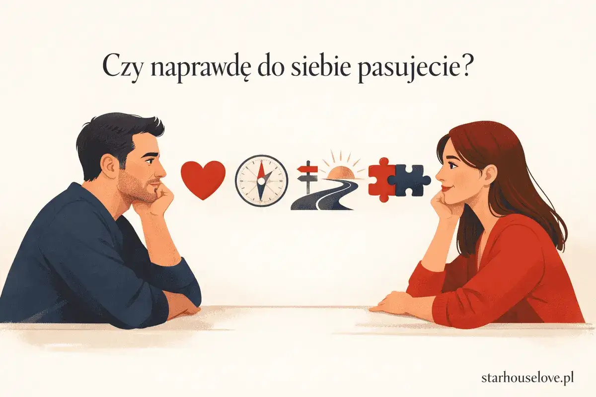 Para zastanawia się nad wspólną przyszłością. Serce, kompas, droga i puzzle symbolizują kluczowe wartości w związku.