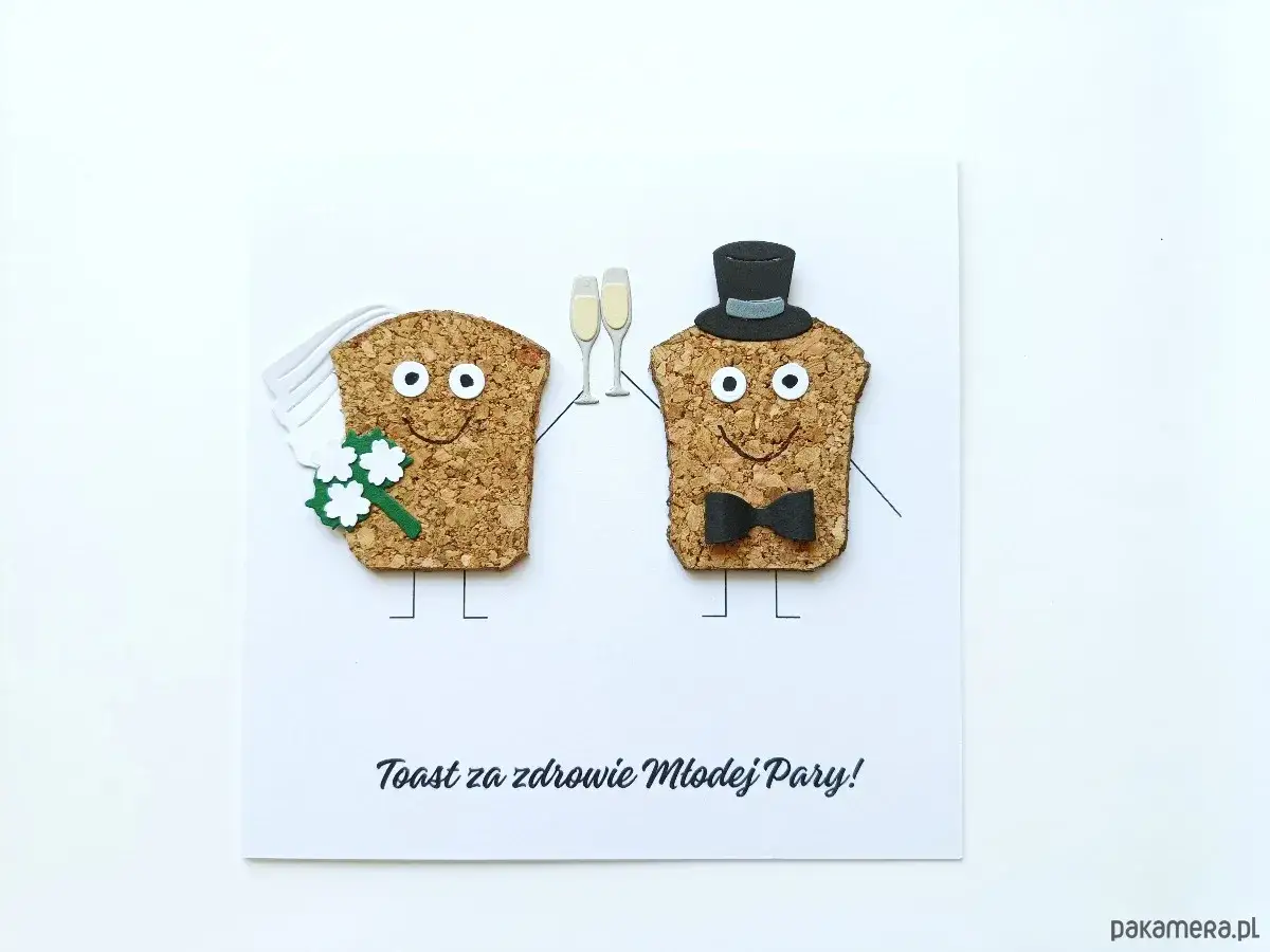 Dwa tosty, panna młoda z bukietem i pan młody w cylindrze, toast za zdrowie Młodej Pary! Sto lat śmieszne życzenia.