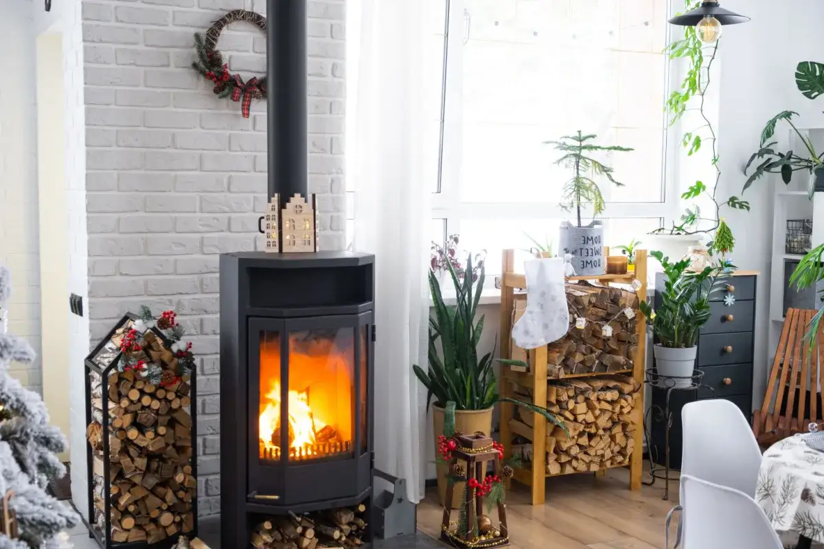 Un po&ecirc;le &agrave; bois moderne chauffe plusieurs pi&egrave;ces, cr&eacute;ant une ambiance chaleureuse avec des d&eacute;corations de No&euml;l.