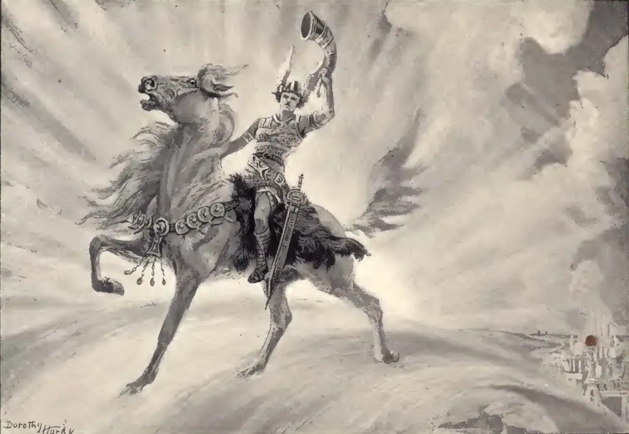 Heimdall na koniu, z hełmem i mieczem, dmie w róg, zapowiadając Ragnarök.