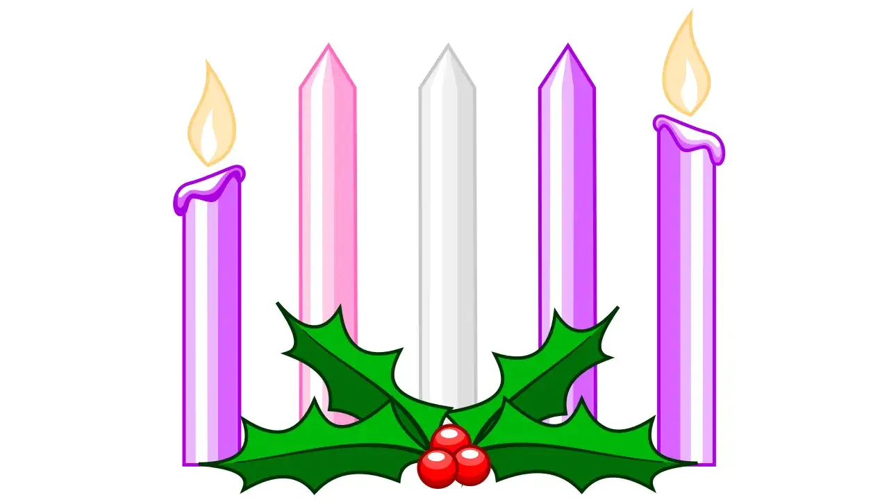 Two lit purple candles flank a pink and white candle, with another purple candle on the right. Holly and berries adorn the base, symbolizing the 2nd Sunday of Advent.