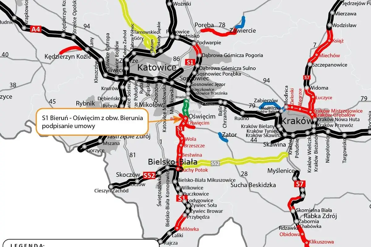 Mapa drogowa z zaznaczoną trasą S1 między Bieruniem a Oświęcimiem, z informacją o podpisaniu umowy.