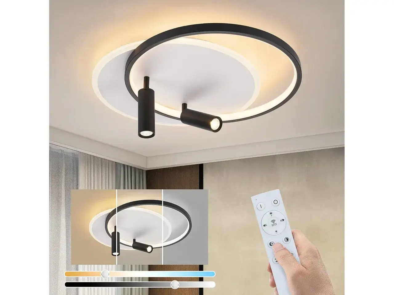 L&aacute;mpara de techo moderna con focos ajustables y control remoto. Dise&ntilde;o circular con anillos entrelazados.