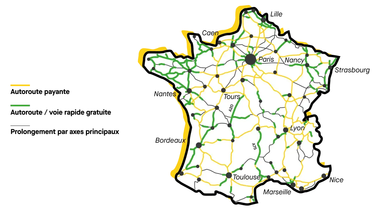Carte de France montrant les autoroutes payantes (jaune) et l'autoroute sans péage (vert).