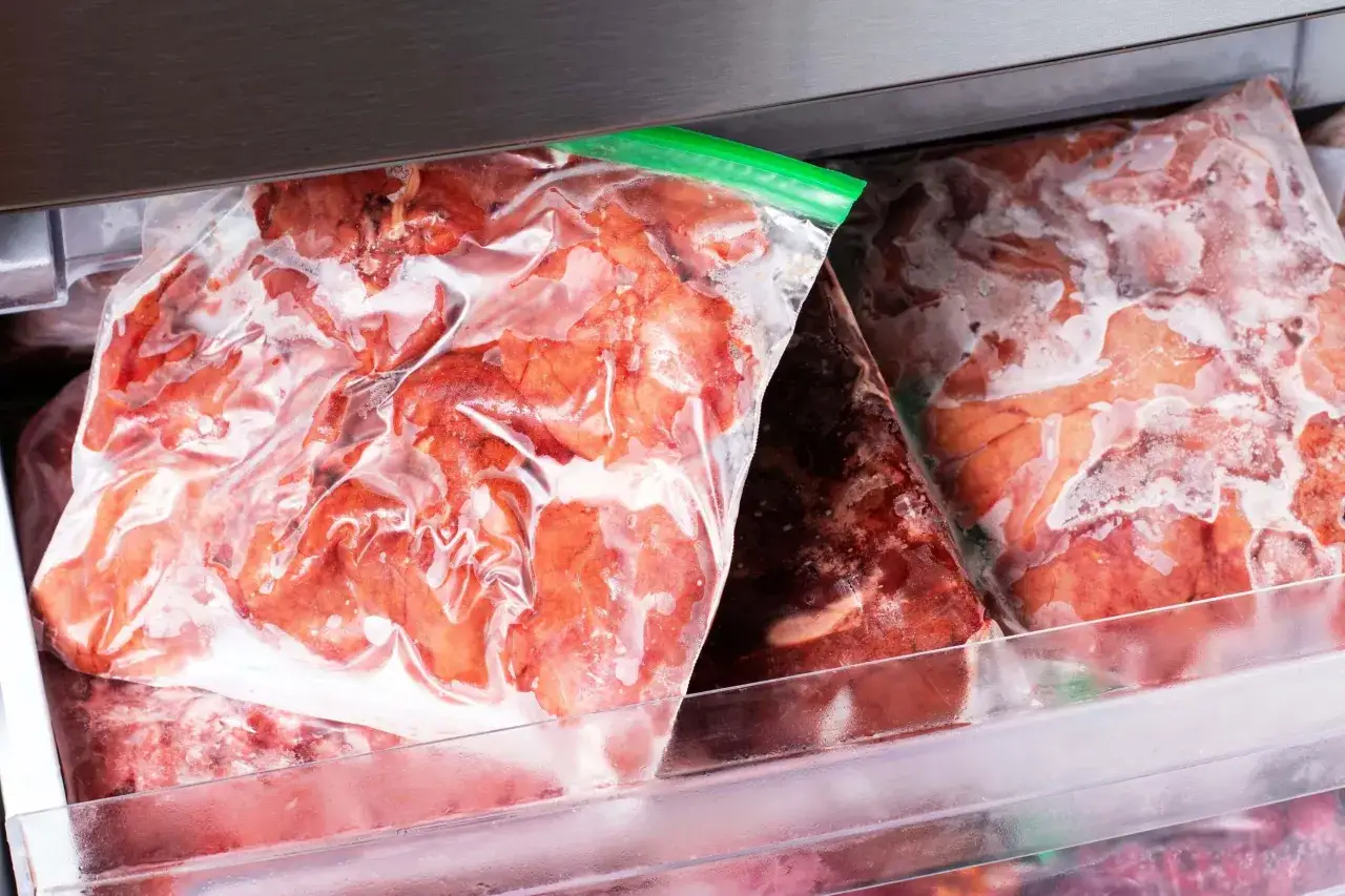 Gefrorenes Rindfleisch in Plastiktüten im Gefrierschrank. Die Frage, wie lange kann man Rindfleisch einfrieren, ist wichtig für die Lagerung.