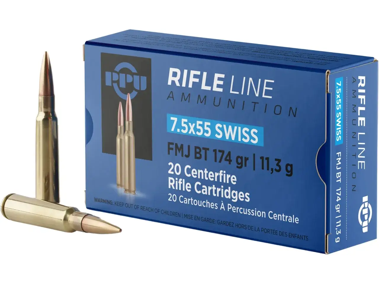 Bo&icirc;te de munitions PPU 7.5x55 Swiss, avec trois cartouches FMJ BT 174 gr. Le gp11 est pr&ecirc;t pour le tir.