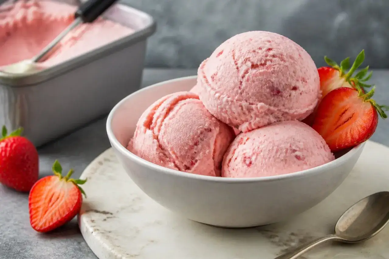 Schüssel mit cremigem Erdbeereis mit Kondensmilch, garniert mit frischen Erdbeeren. Daneben ein Behälter mit Eis.