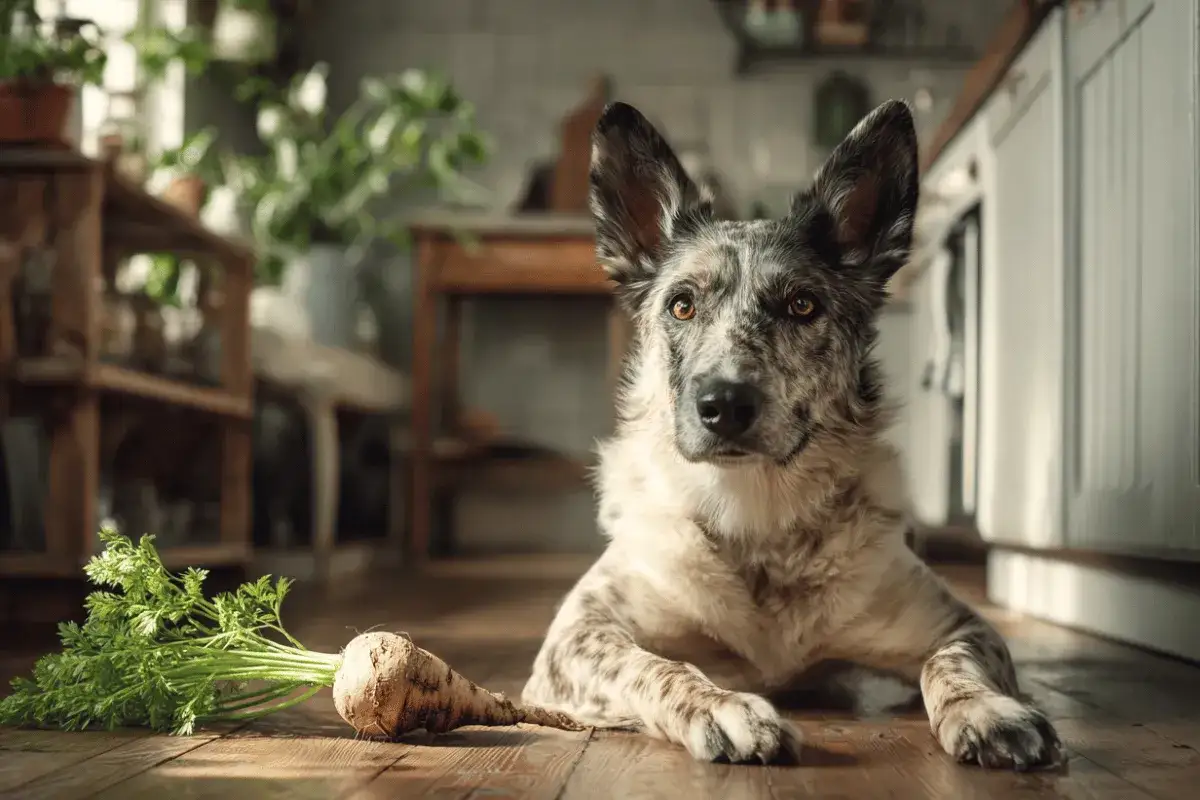 Pies z zaciekawieniem patrzy na korzeń pietruszki. Czy pies może jeść pietruszkę? To pytanie nurtuje wielu właścicieli czworonogów.