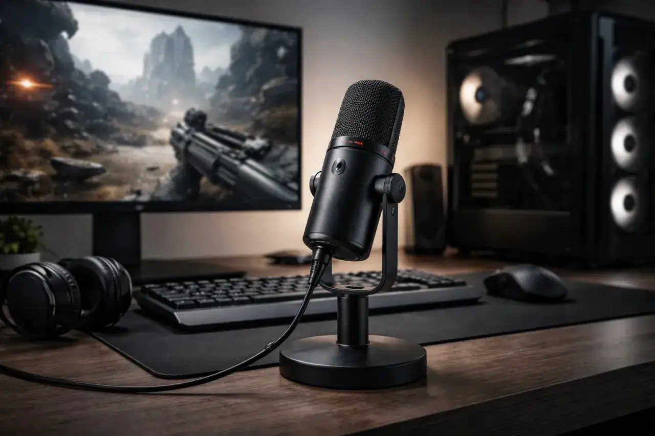 Zestaw do streamowania: mikrofon, słuchawki, klawiatura, mysz i komputer. Idealny dla każdego, kto chce zacząć jako content creator.