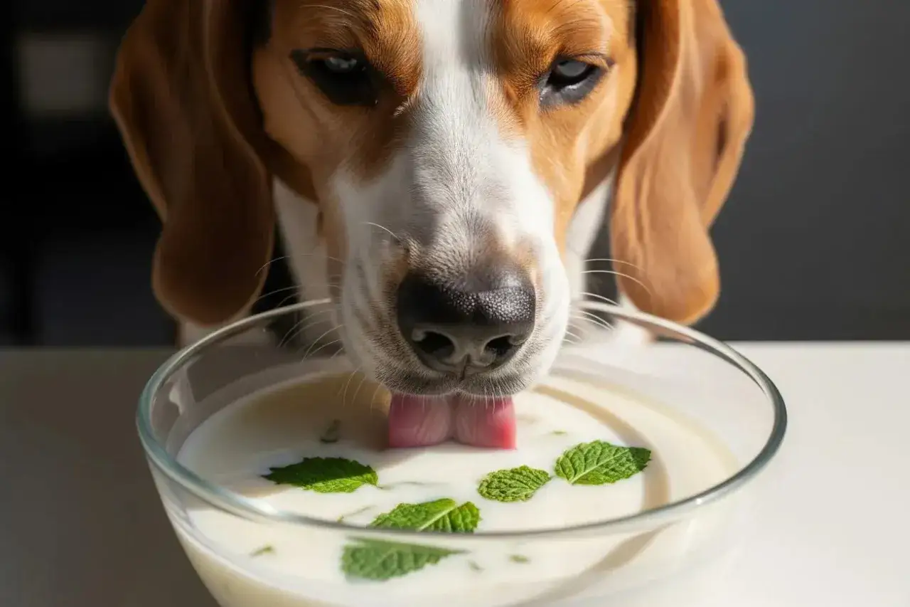 Ein Beagle-Hund schleckt gen&uuml;sslich Buttermilch aus einer Sch&uuml;ssel mit Minzbl&auml;ttern.