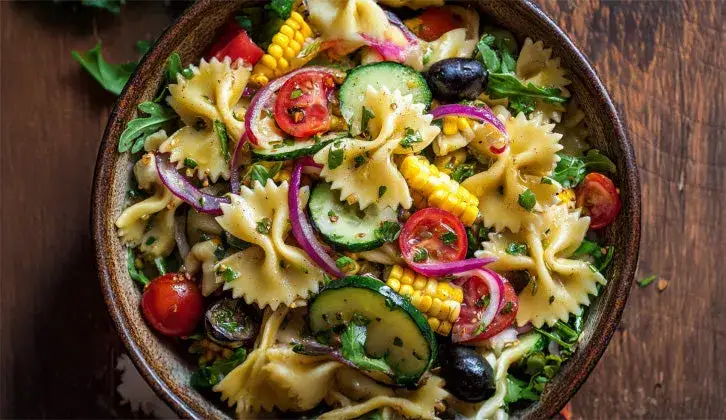 Spaghettisalat bunt in einer großen Schüssel auf einem Tisch angerichtet