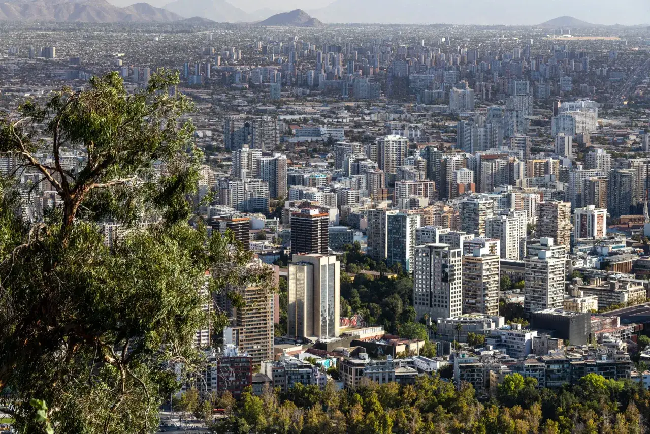 Rozległa panorama Santiago de Chile z górami w tle. Na pierwszym planie drzewo, za nim gęsta zabudowa miejska z licznymi wieżowcami.