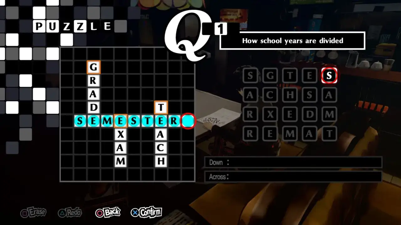 Pantalla de crucigramas de Persona 5 Royal. El jugador está resolviendo