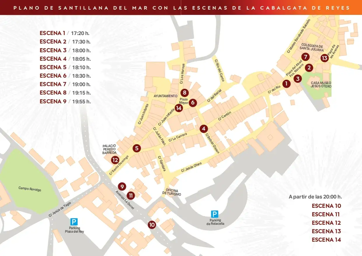 Mapa de Santillana del Mar con las escenas de la cabalgata de Reyes. Muestra las calles y puntos de interés para la cabalgata.